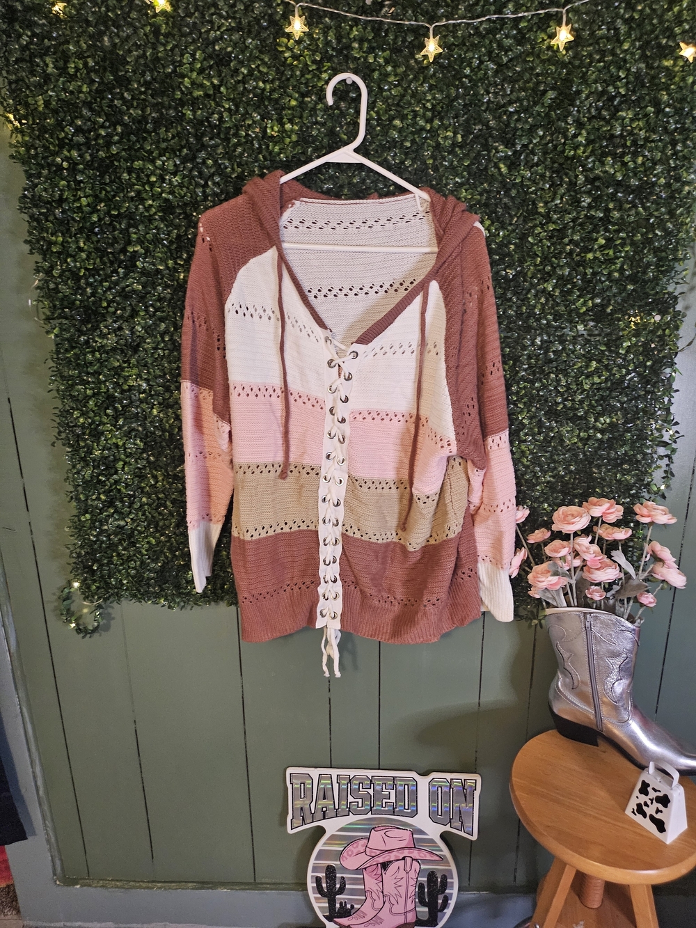 Striped Lace-Up Hooded Knit Sweater - Pink, Cream, Tan, Rust